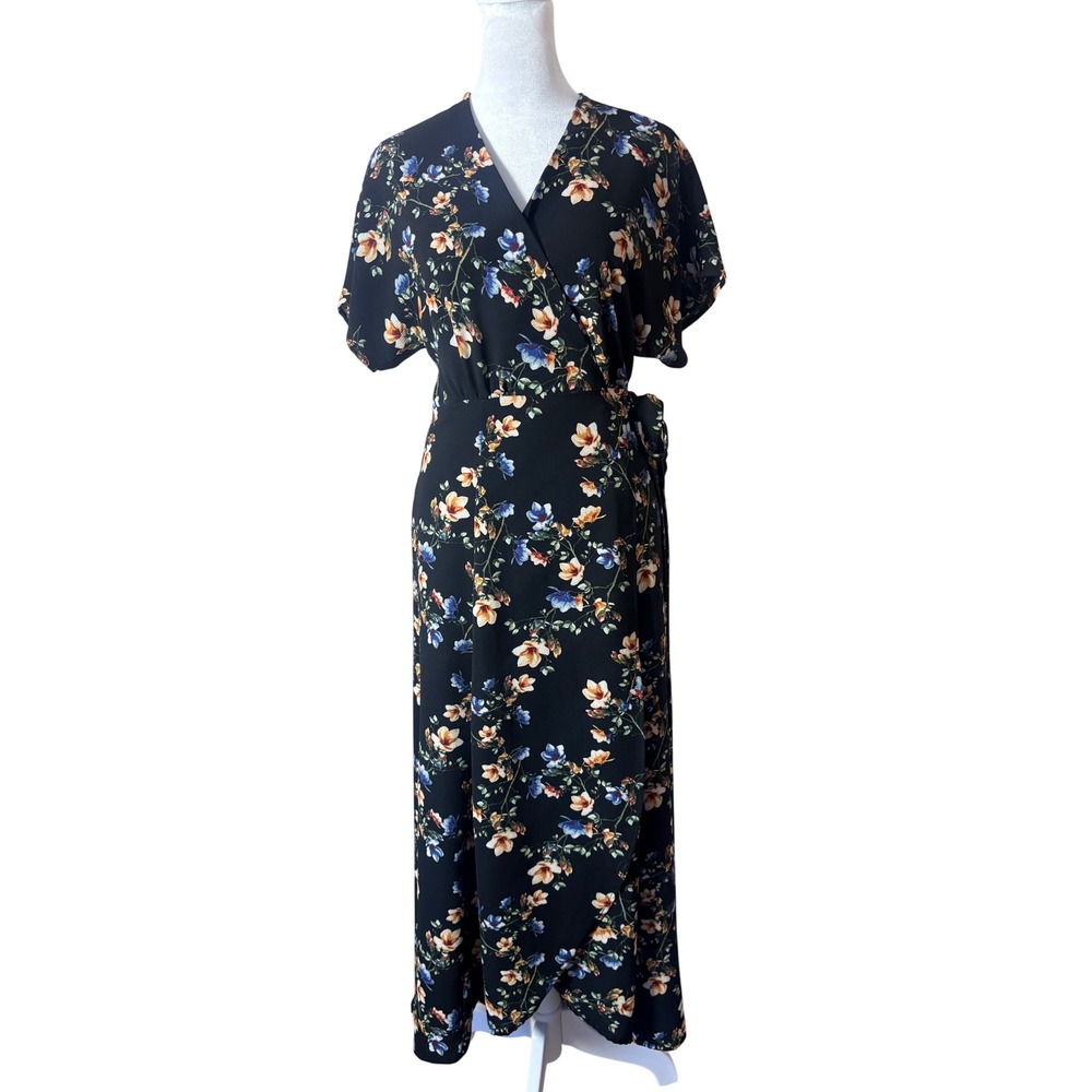 Bobeau Wrap Maxi Dress Womens XS Black Excellent Floral V-Neck Short Sleeve
